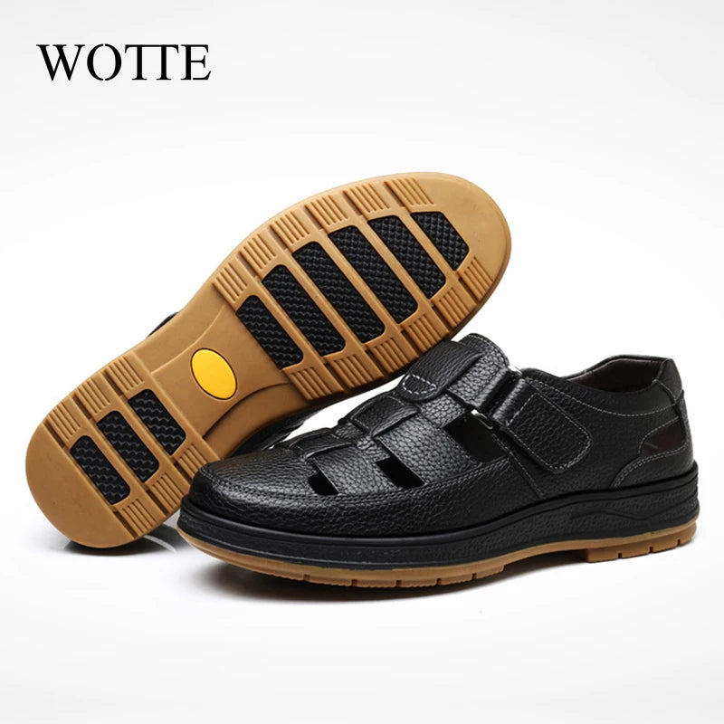 WOTTE Classic Sandals  Men Genuine Leather sandaliasHollow Out Casual Shoes Comfortable Solid Outdoor Mens Shoes zapatos hombre