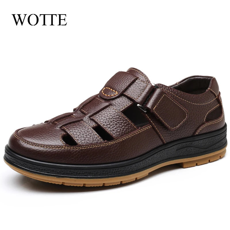WOTTE Classic Sandals  Men Genuine Leather sandaliasHollow Out Casual Shoes Comfortable Solid Outdoor Mens Shoes zapatos hombre