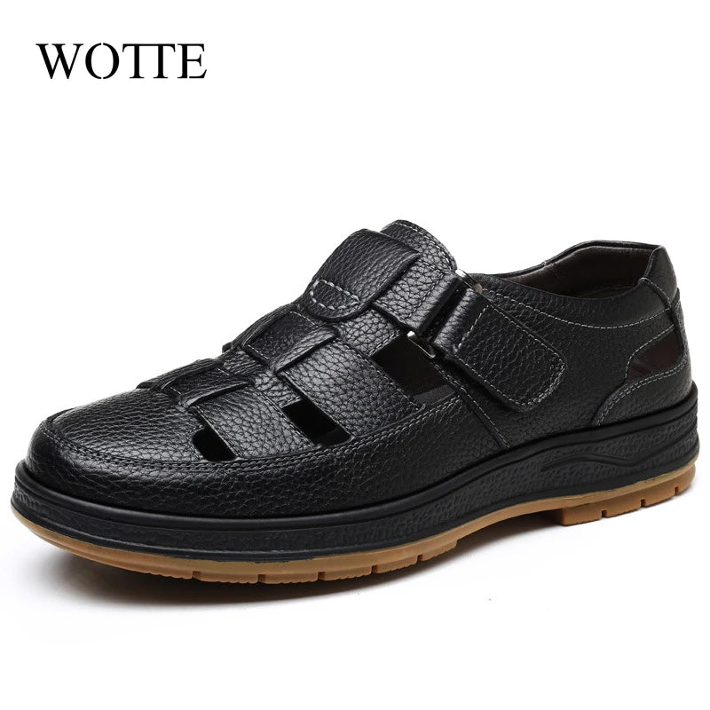 WOTTE Classic Sandals  Men Genuine Leather sandaliasHollow Out Casual Shoes Comfortable Solid Outdoor Mens Shoes zapatos hombre
