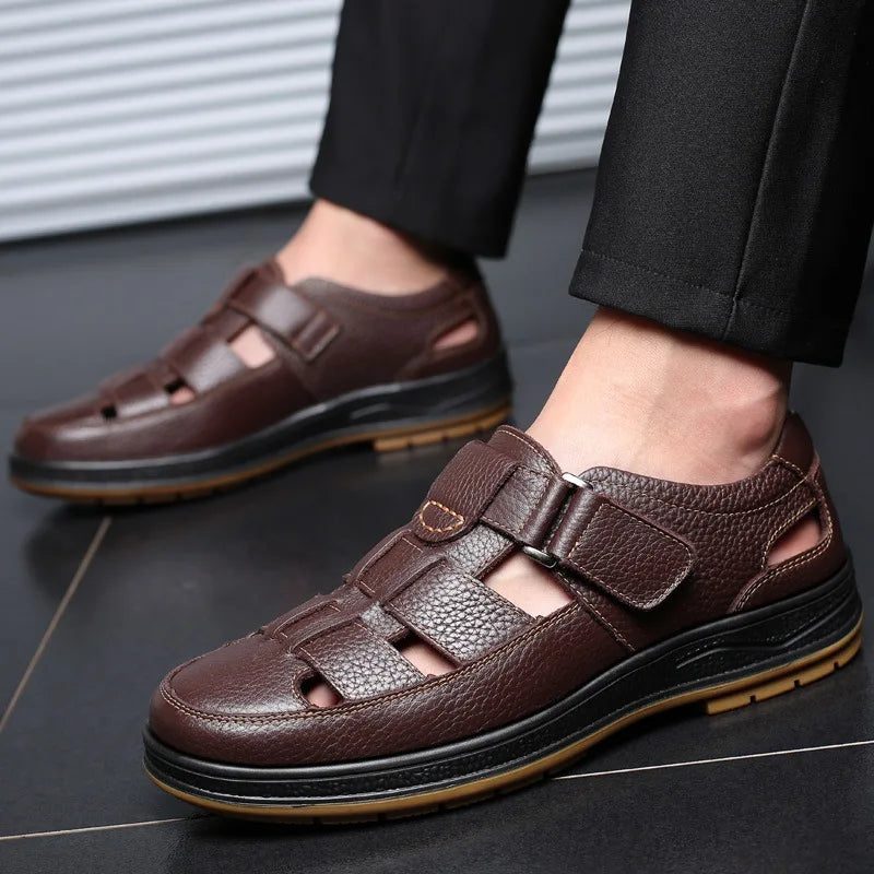 WOTTE Classic Sandals  Men Genuine Leather sandaliasHollow Out Casual Shoes Comfortable Solid Outdoor Mens Shoes zapatos hombre